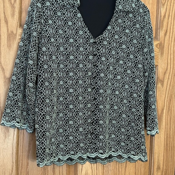 Dress Barn Pull Over Scalloped Top- Black with Silver Designs- V-Necked - Picture 2 of 7